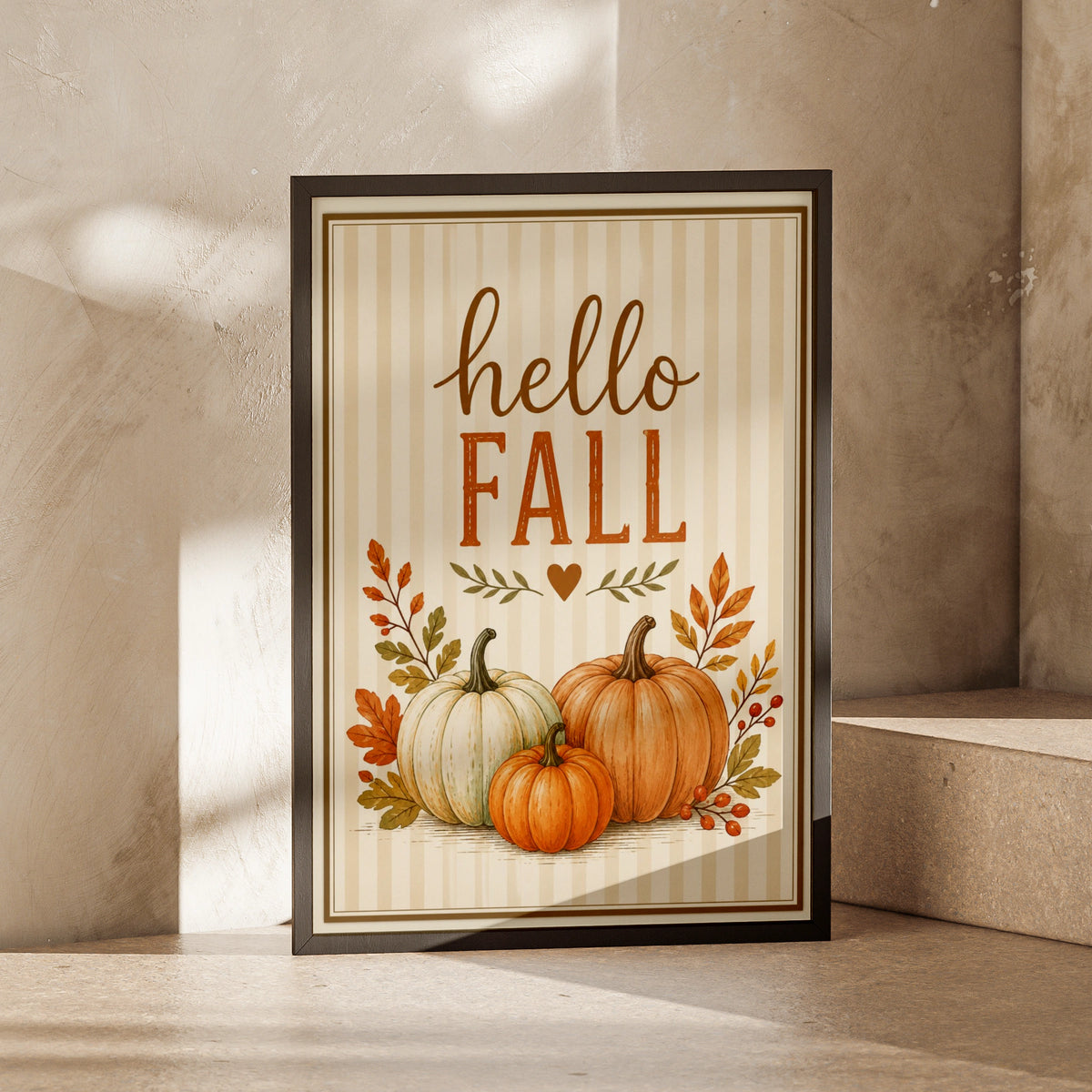 Hello Fall Pumpkin Wall Art, Autumn Harvest Poster, Rustic Orange Cream Home Decor Print
