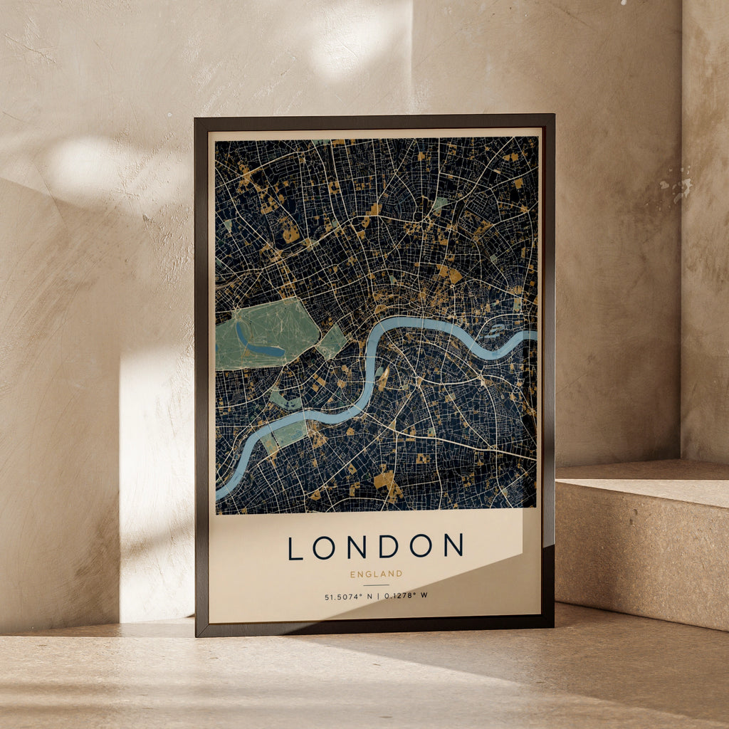 London City Map Poster, Navy Blue Gold Wall Art, River Thames Print, England Gift