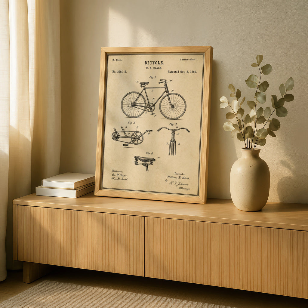 Vintage Bicycle Patent Print, 1889 Antique Bike Diagram, Cycling Wall Art Poster