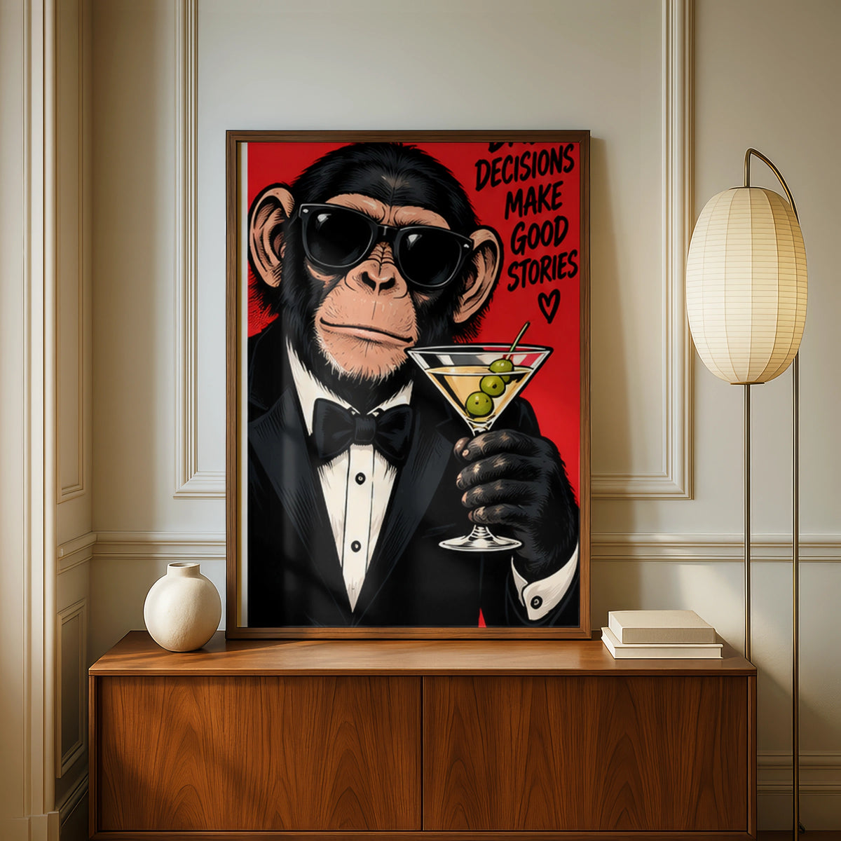 Bad Decisions Make Good Stories Funny Monkey Poster, Chimp Martini Wall Art