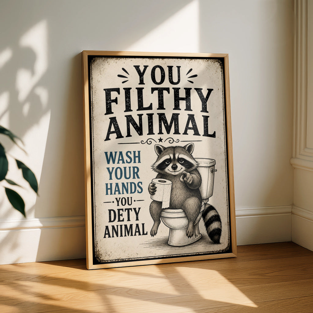 Funny Raccoon Bathroom Poster, Wash Your Hands Sign, Vintage Toilet Wall Art