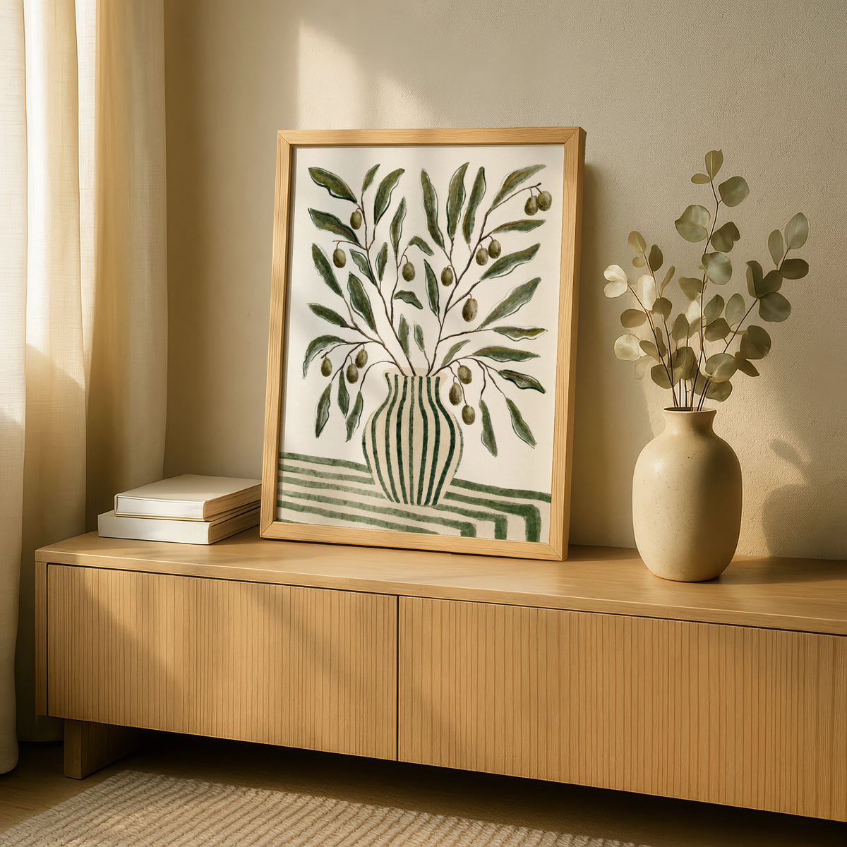Olive Branch Pot Print, Watercolour Botanical Wall Art, Green Striped Vase Poster