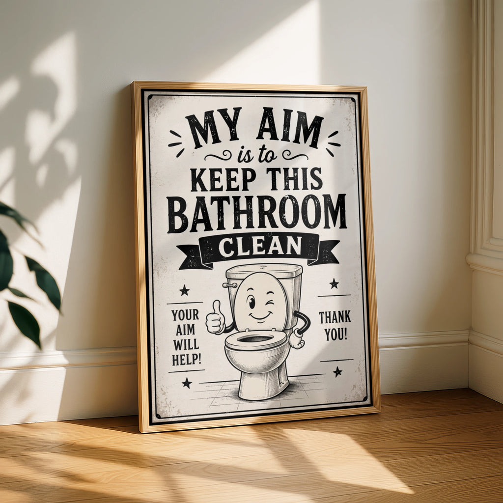 Funny Bathroom Poster, My Aim Is To Keep This Bathroom Clean, Retro Toilet Sign