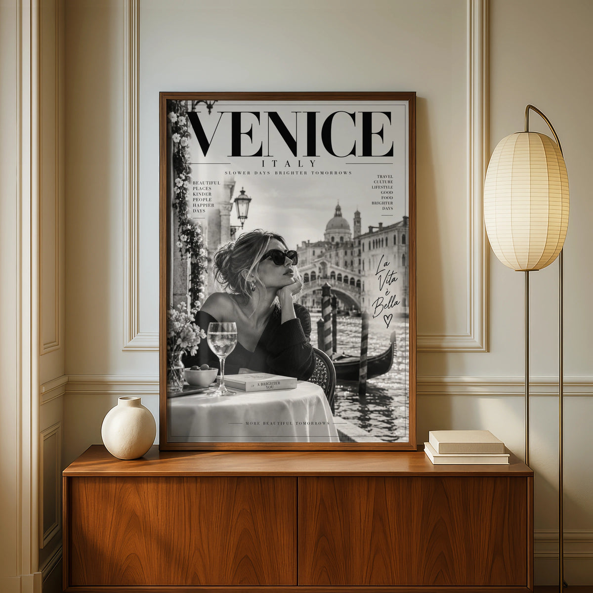 Venice Italy Magazine Cover Poster, La Vita e Bella, Black White Travel Wall Art Print