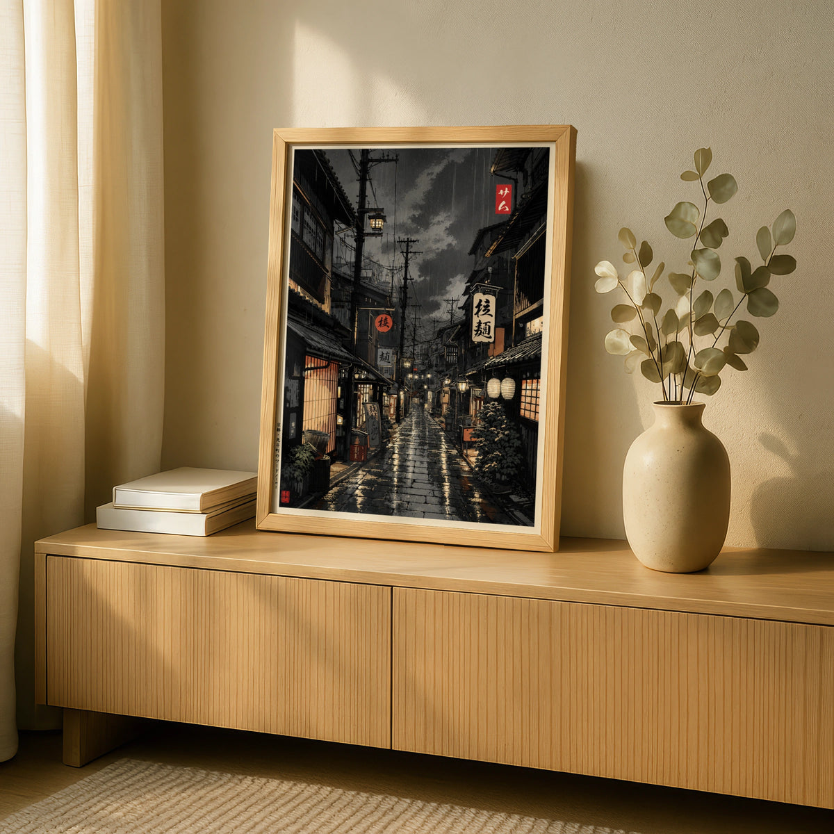 Japanese Street at Night Poster, Rainy Kyoto Alley Print, Dark Moody Japan Wall Art