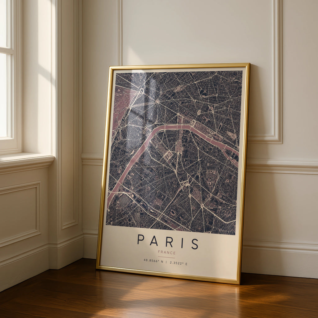 Paris Map Poster, France City Street Map Print, Dark Moody Wall Art, Seine River