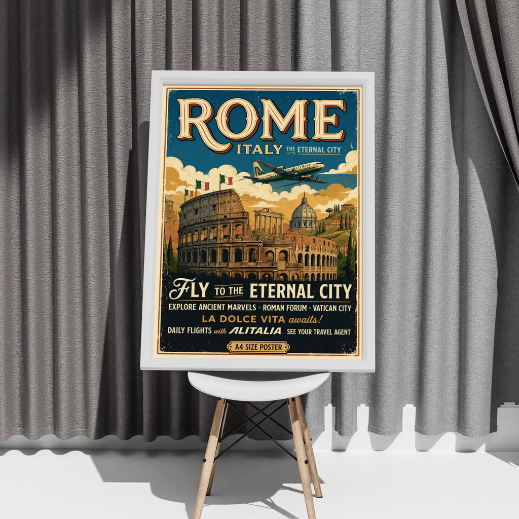 Rome Italy Vintage Travel Poster, Retro Colosseum Wall Art, Italian Print