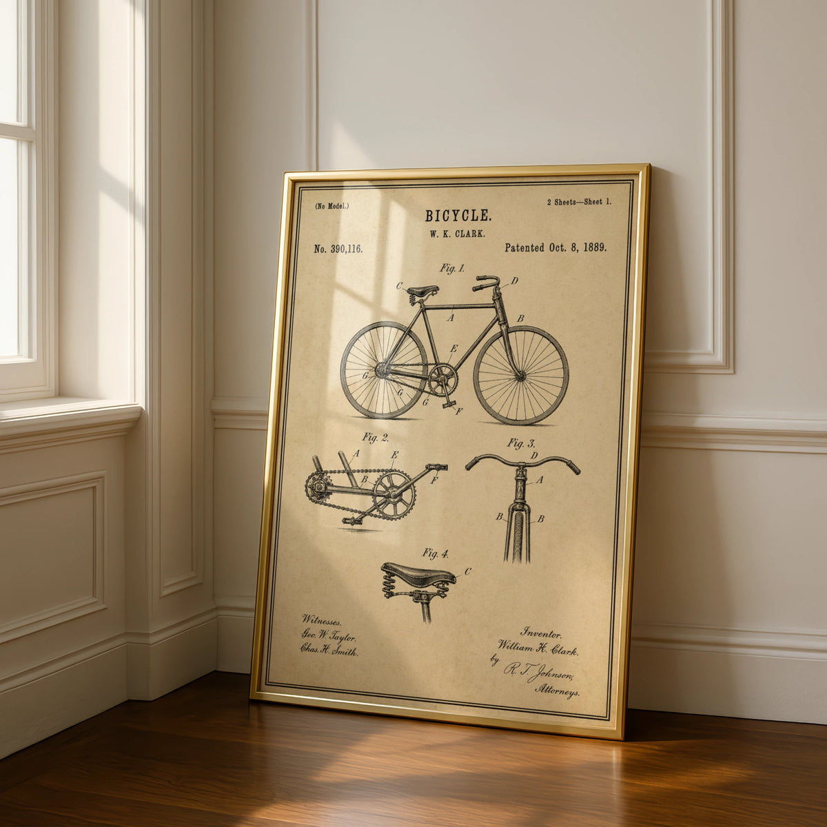 Vintage Bicycle Patent Print, 1889 Antique Bike Diagram, Cycling Wall Art Poster