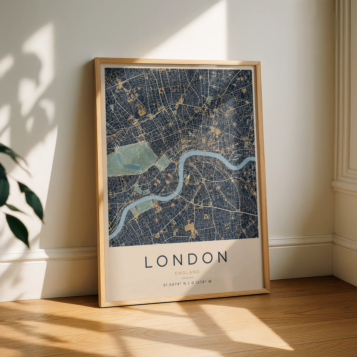 London City Map Poster, Navy Blue Gold Wall Art, River Thames Print, England Gift