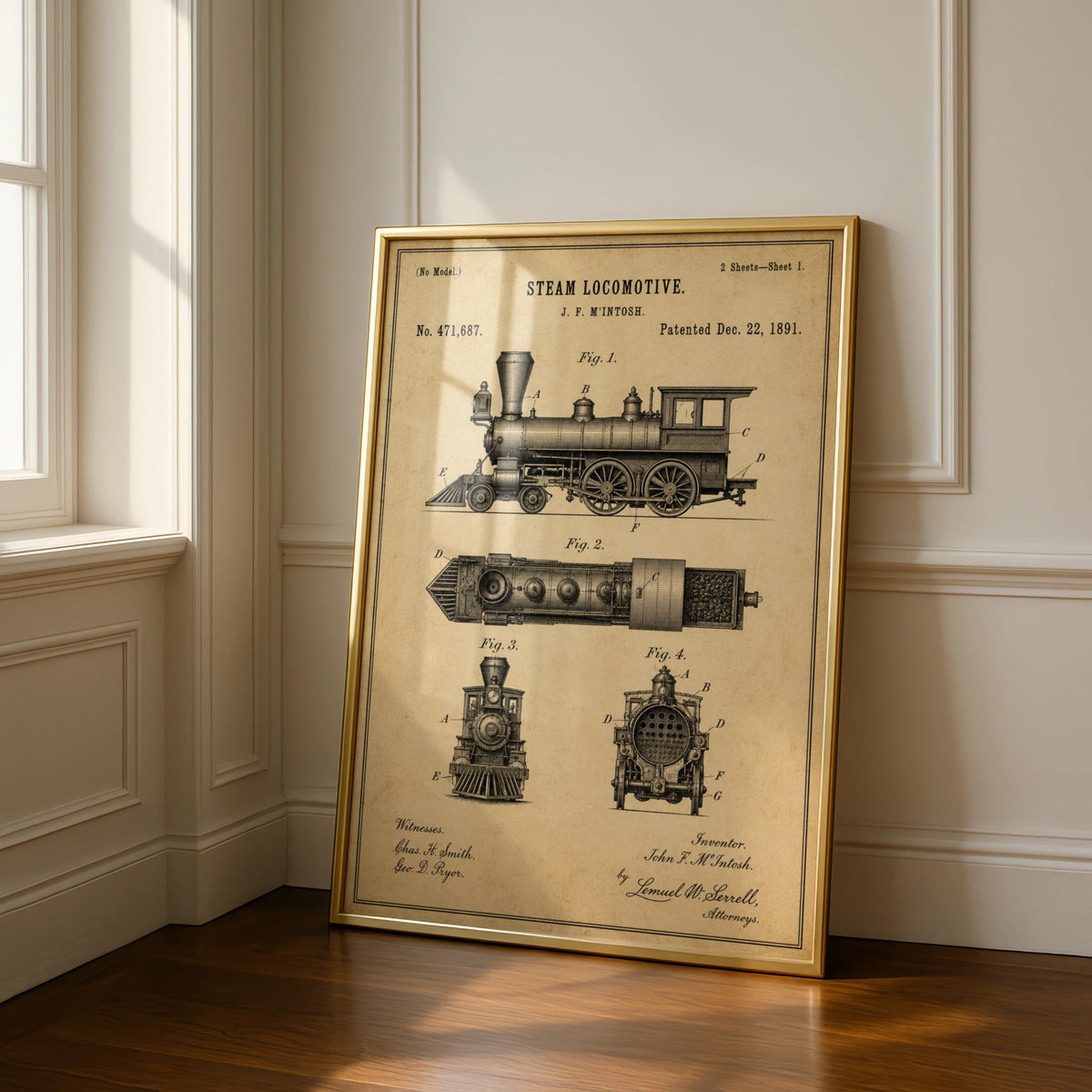 Steam Locomotive Patent Print, Vintage Train Blueprint Poster, Railway Wall Art