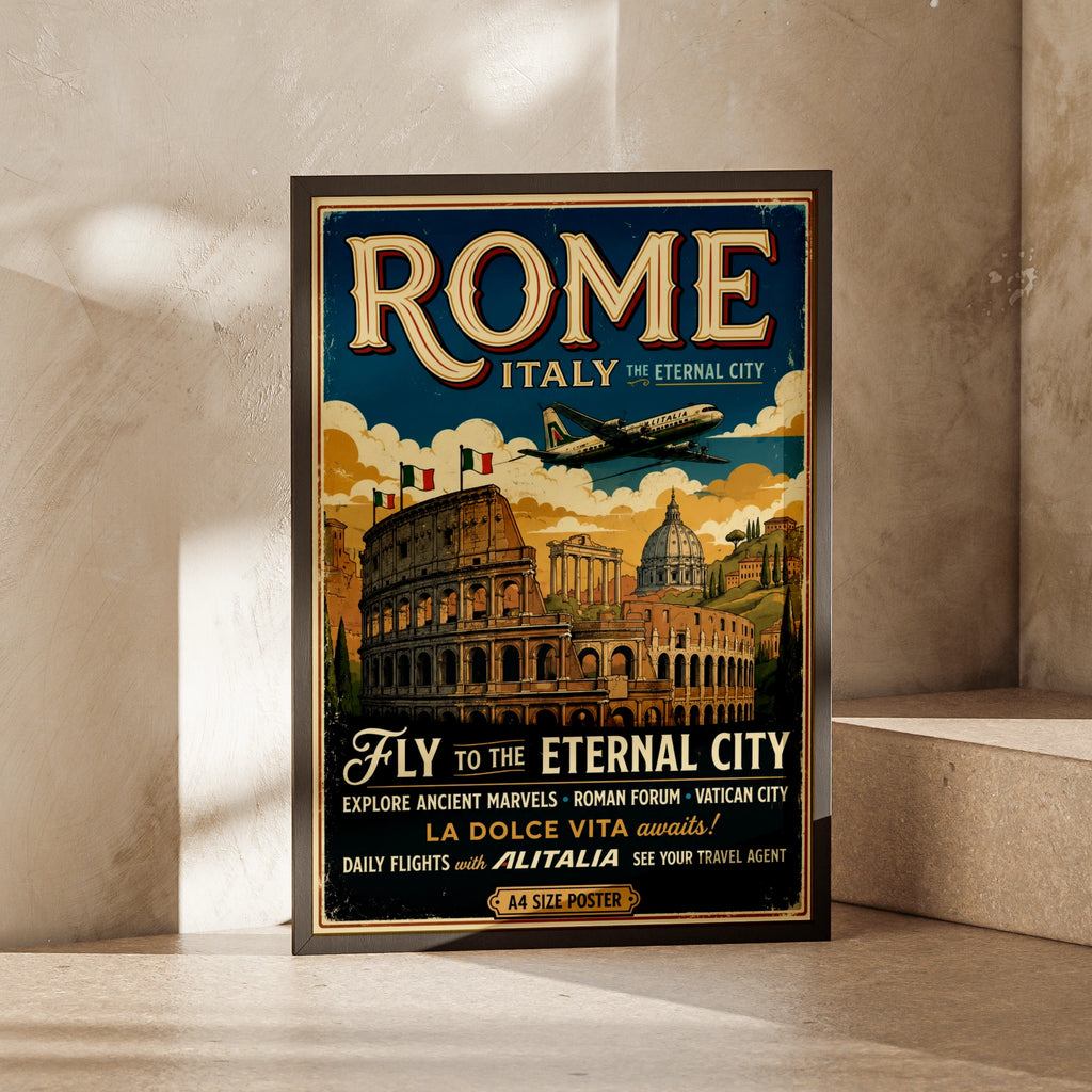 Rome Italy Vintage Travel Poster, Retro Colosseum Wall Art, Italian Print
