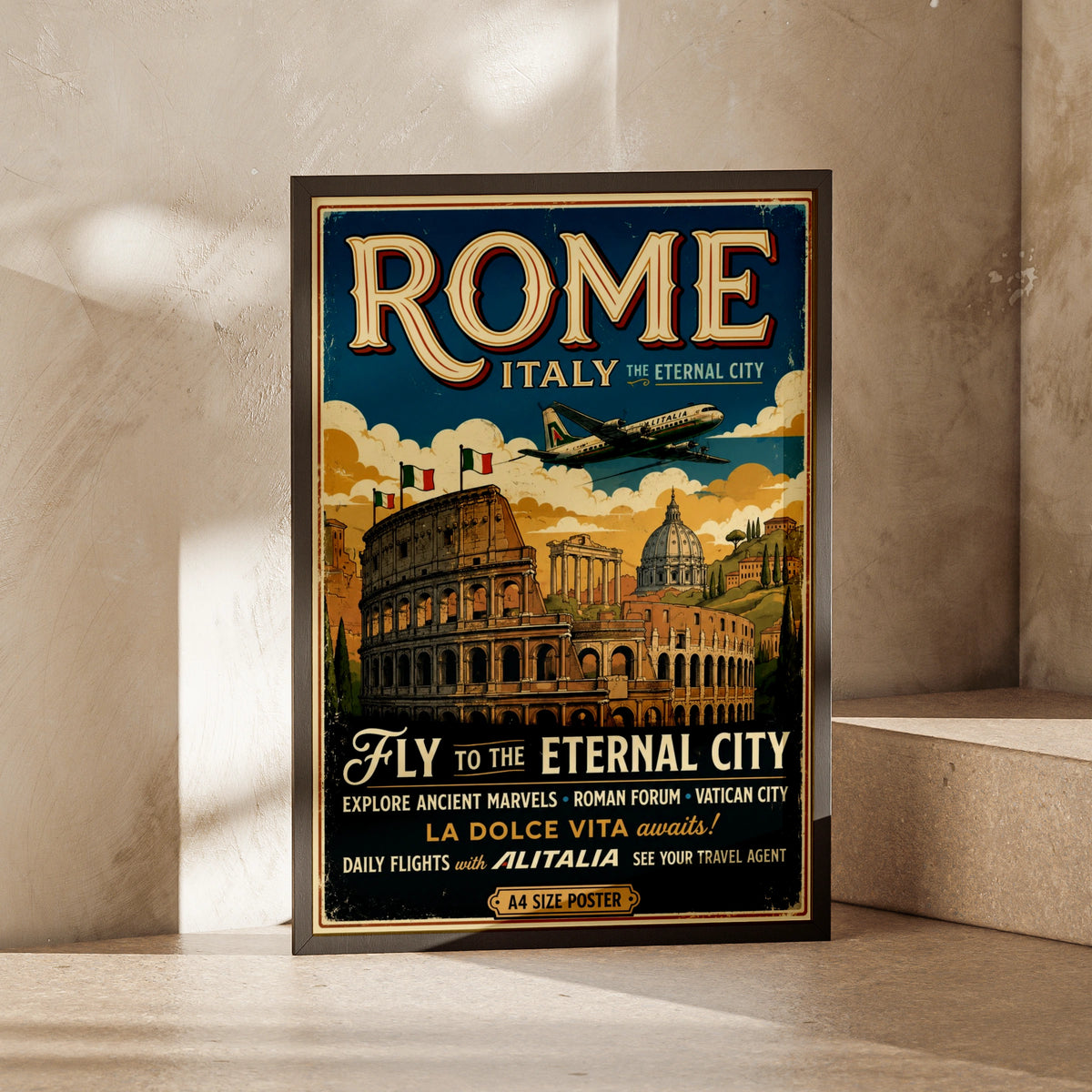 Rome Italy Vintage Travel Poster, Retro Colosseum Wall Art, Italian Print