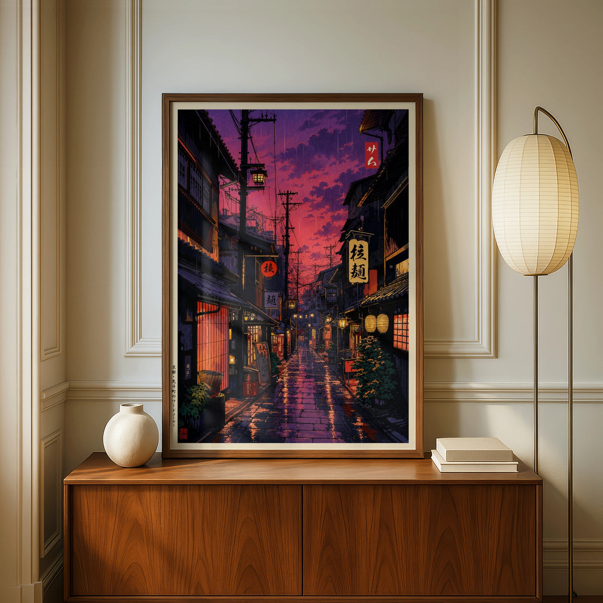 Japan Street at Night Poster, Anime Aesthetic Wall Art, Rainy Tokyo Alley Print