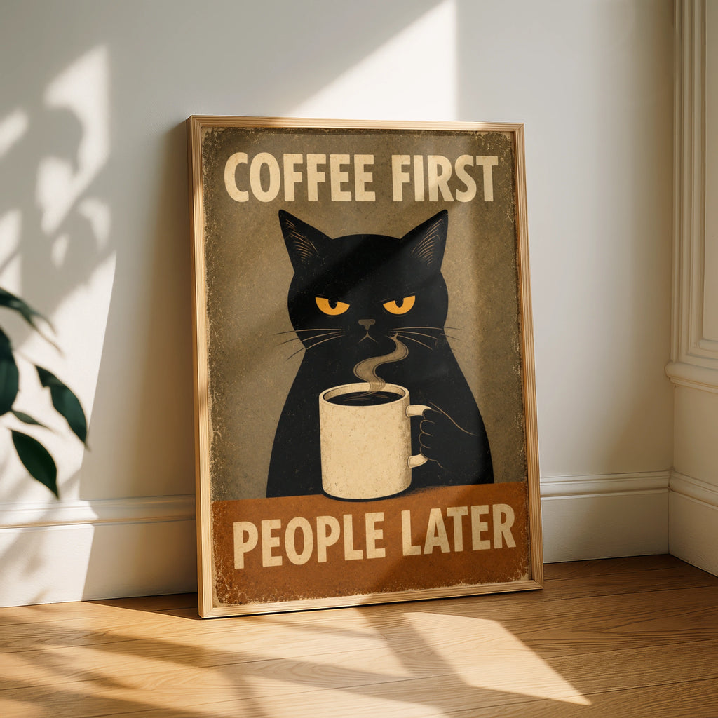 Coffee First People Later Poster, Grumpy Black Cat Retro Wall Art, Funny Kitchen Print