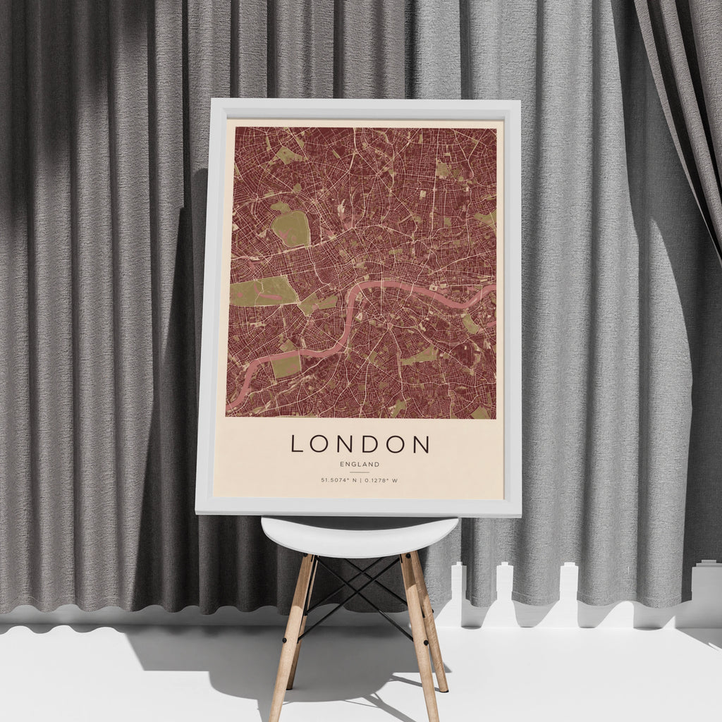 London City Map Poster, England Street Map Print, Burgundy Red Wall Art Gift