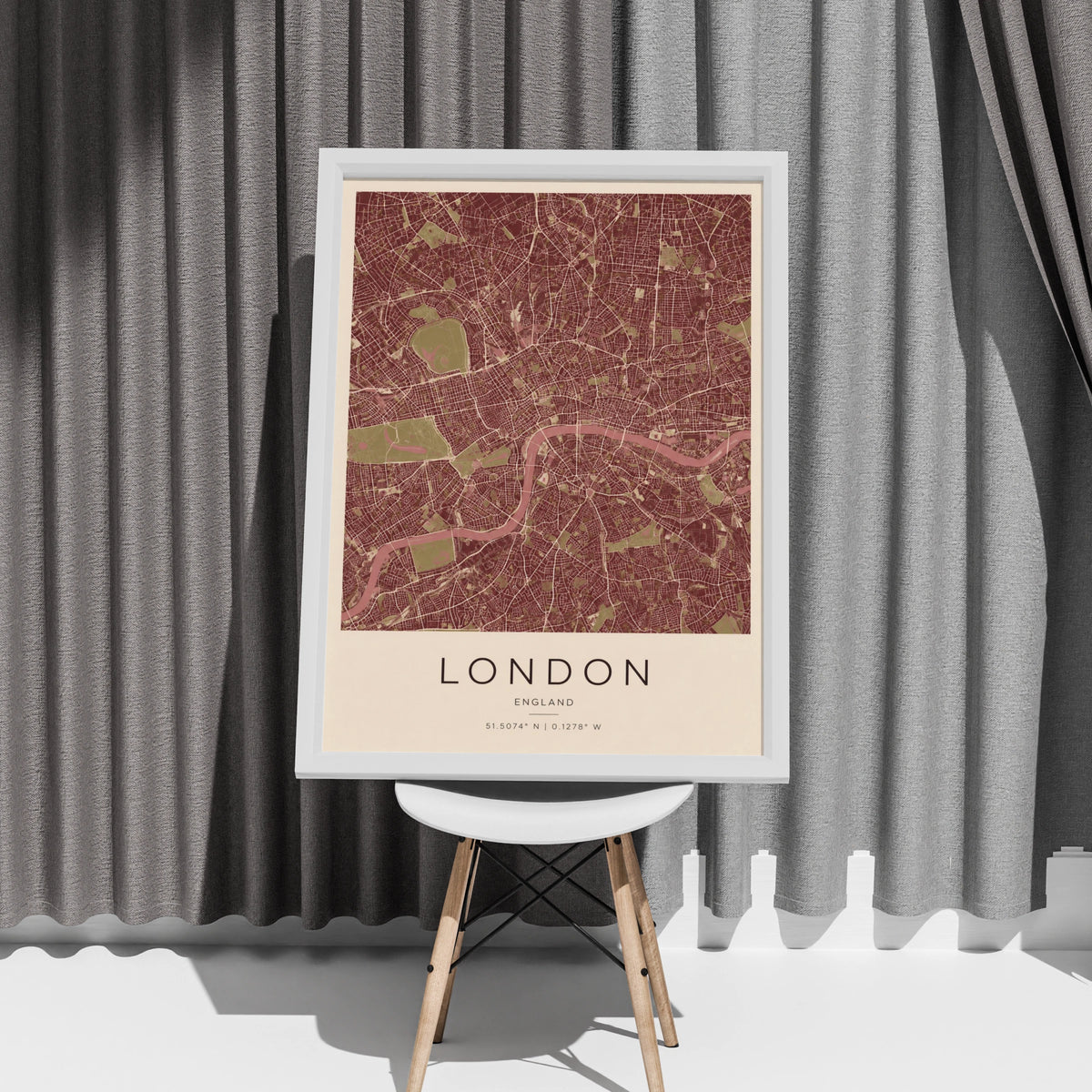 London City Map Poster, England Street Map Print, Burgundy Red Wall Art Gift