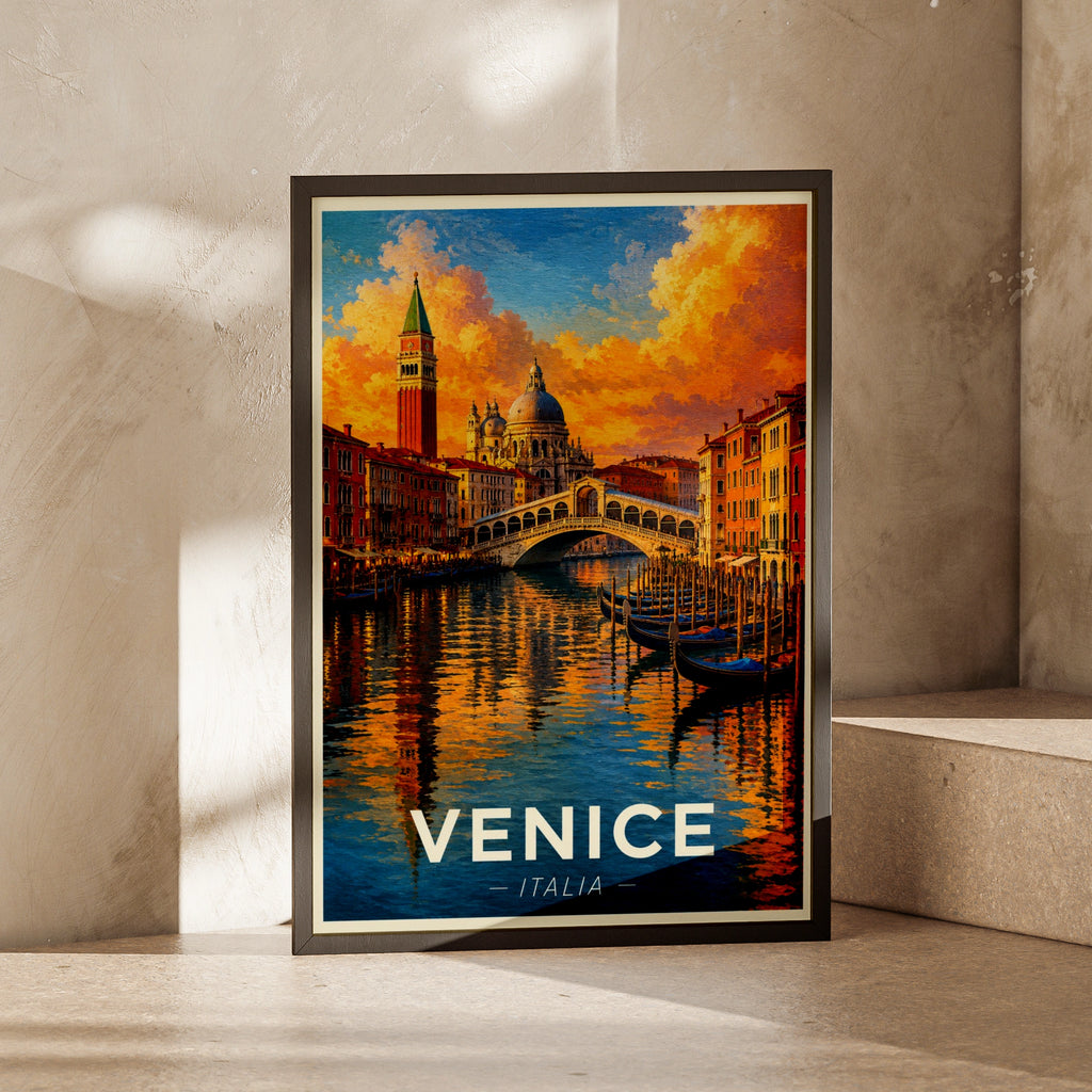 Venice Italy Travel Poster, Grand Canal Wall Art, Rialto Bridge Print, Italian City Decor