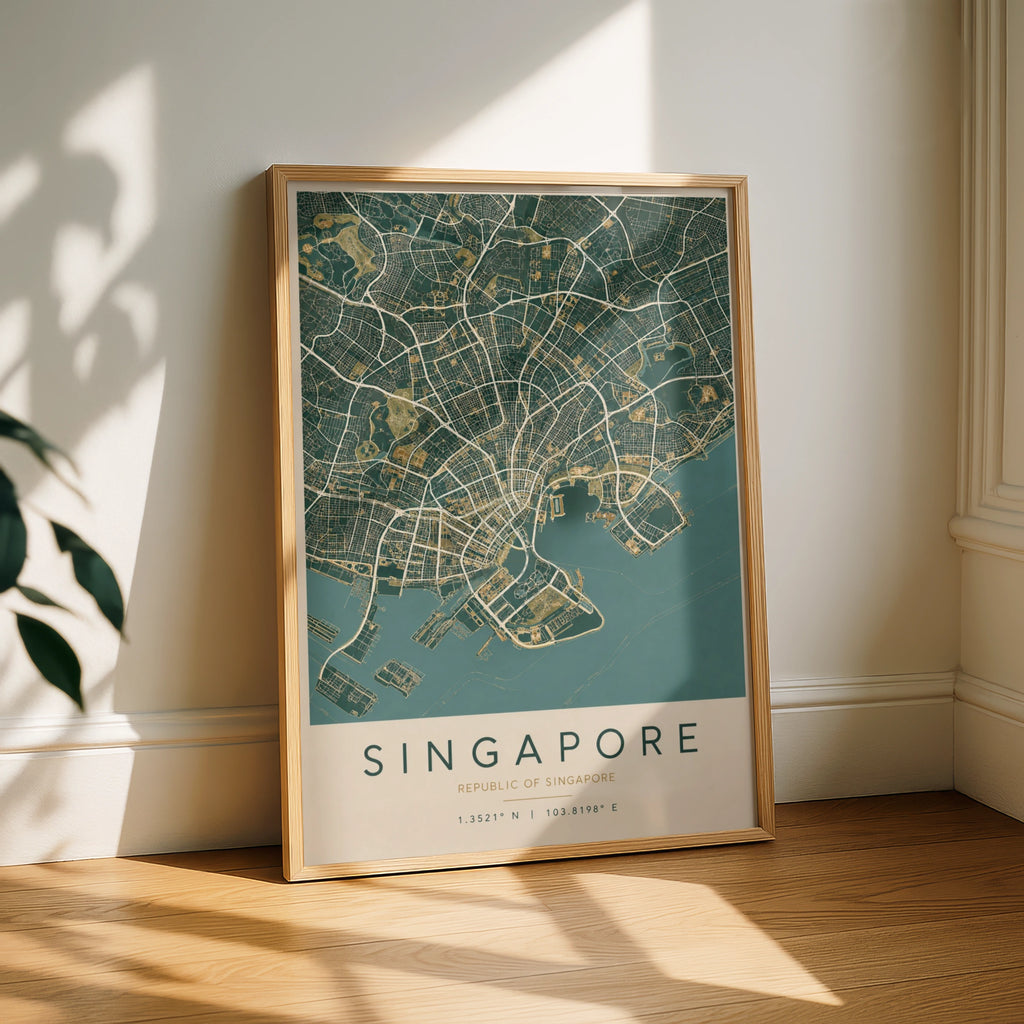 Singapore Map Poster, City Street Map Print, Teal Gold Wall Art, Southeast Asia Decor
