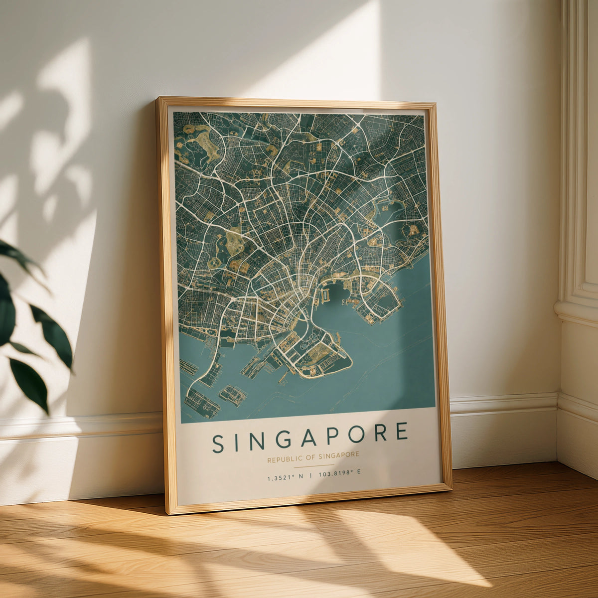 Singapore Map Poster, City Street Map Print, Teal Gold Wall Art, Southeast Asia Decor