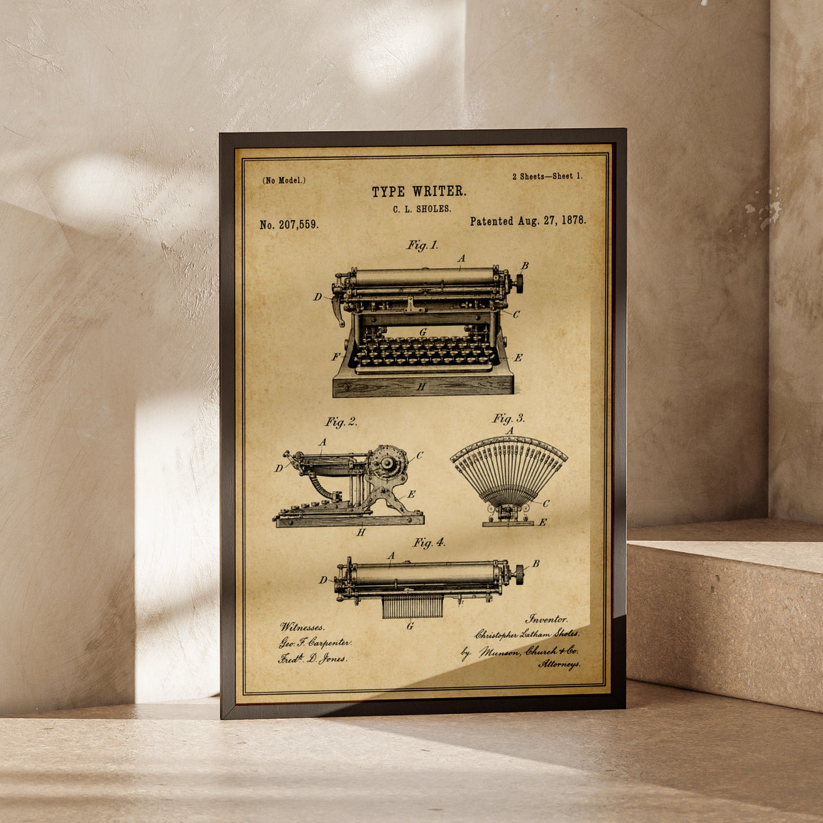 Typewriter Patent Print, Vintage 1878 C L Sholes Blueprint, Antique Writer Wall Art