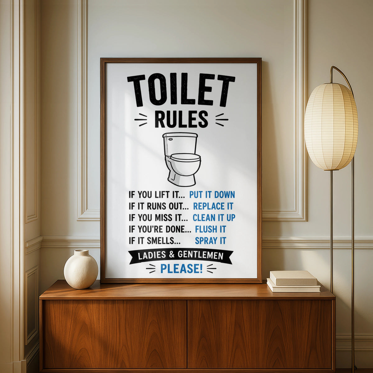 Toilet Rules Funny Bathroom Poster, Humorous Loo Wall Art, Black Blue Home Print