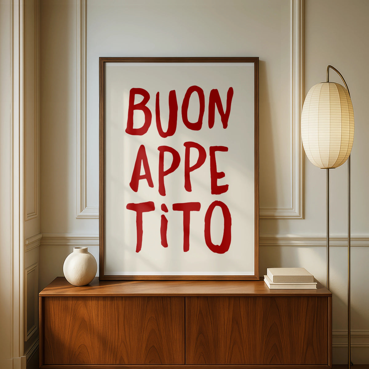 Buon Appetito Poster, Italian Kitchen Wall Art, Red Cream Typography Print