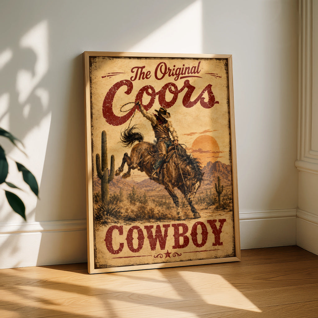 Coors Cowboy Vintage Western Poster, Rodeo Bull Riding Wall Art, Retro Beer Sign Print
