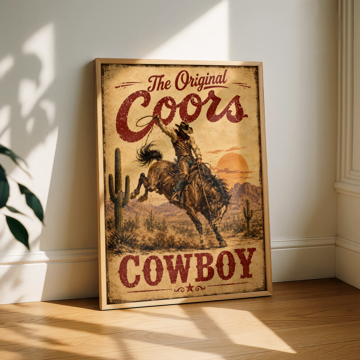 Coors Cowboy Vintage Western Poster, Rodeo Bull Riding Wall Art, Retro Beer Sign Print