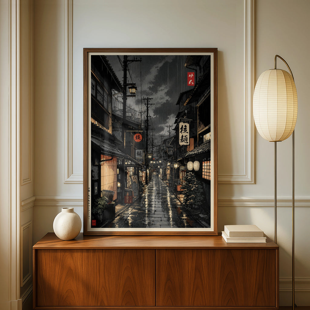 Japanese Street at Night Poster, Rainy Kyoto Alley Print, Dark Moody Japan Wall Art