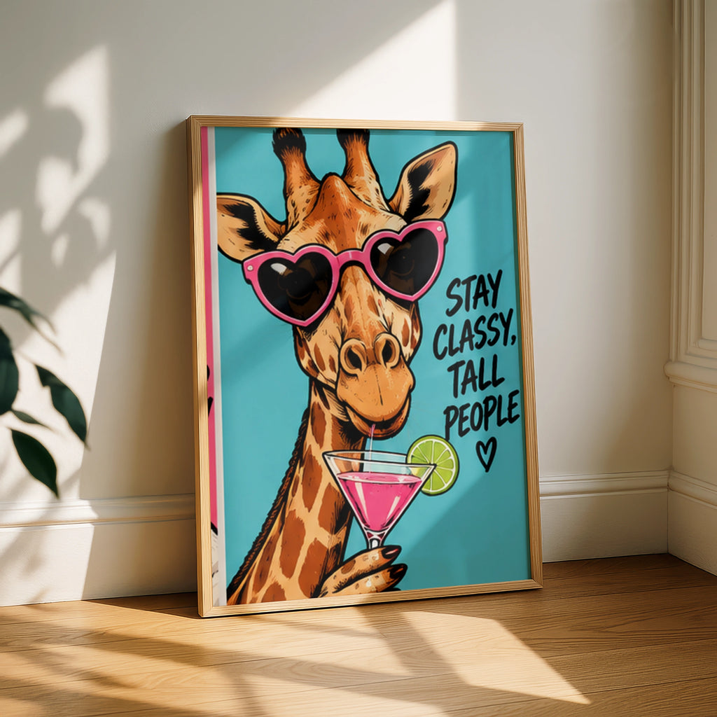 Stay Classy Tall People Giraffe Poster, Funny Animal Wall Art, Pink Cocktail Print