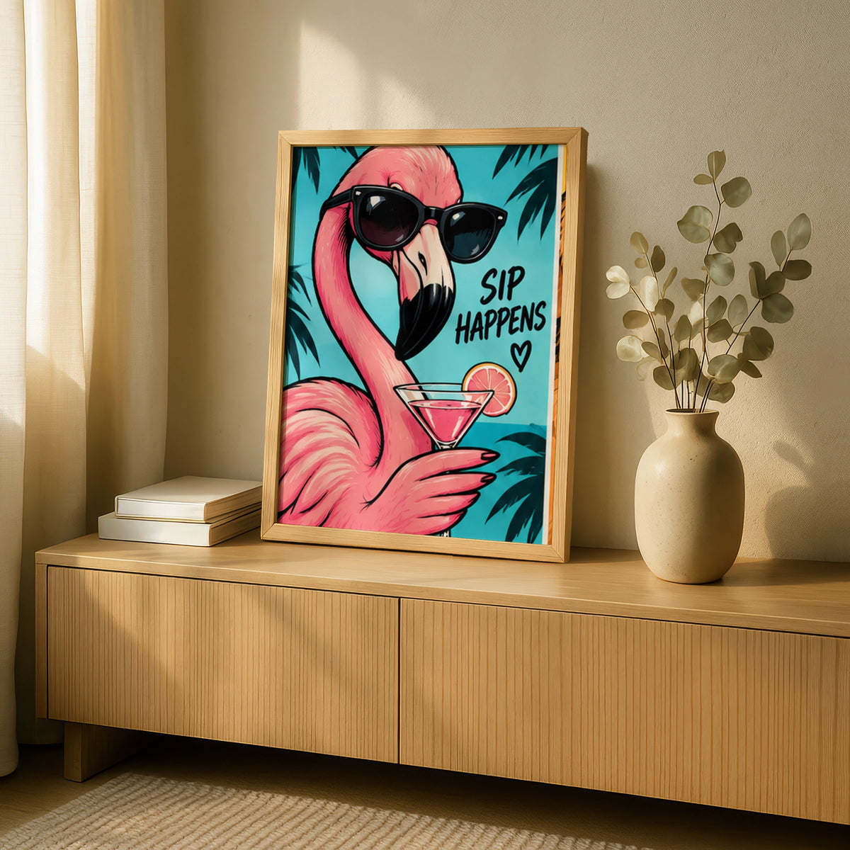 Sip Happens Flamingo Poster, Funny Cocktail Wall Art, Pink Tropical Bar Print