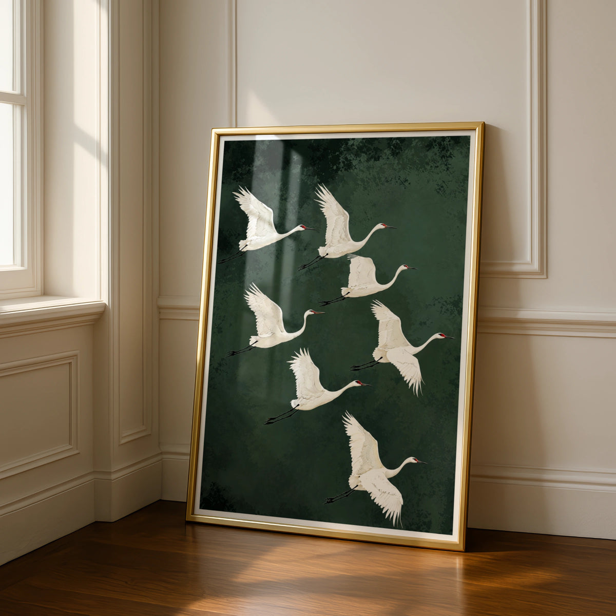 Flying Cranes Poster, White Crane Flock Wall Art, Dark Green Bird Print, Nature Wildlife Decor