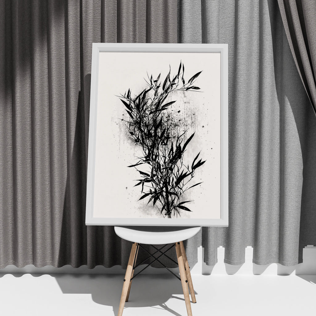 Bamboo Ink Wash Poster, Black White Japanese Botanical Wall Art Print, Zen Decor