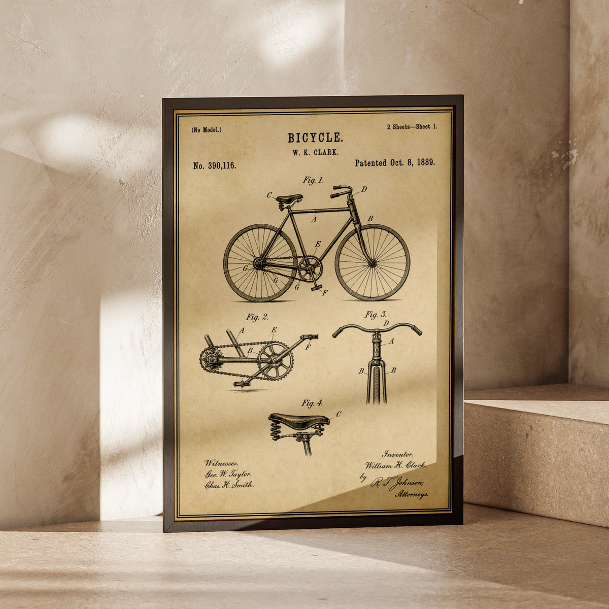 Vintage Bicycle Patent Print, 1889 Antique Bike Diagram, Cycling Wall Art Poster
