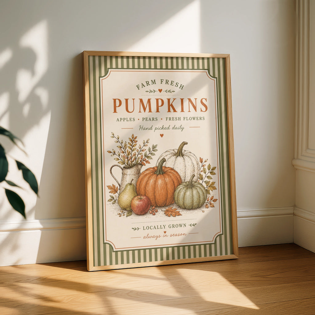 Farm Fresh Pumpkins Vintage Poster, Autumn Harvest Wall Art, Farmhouse Kitchen Print