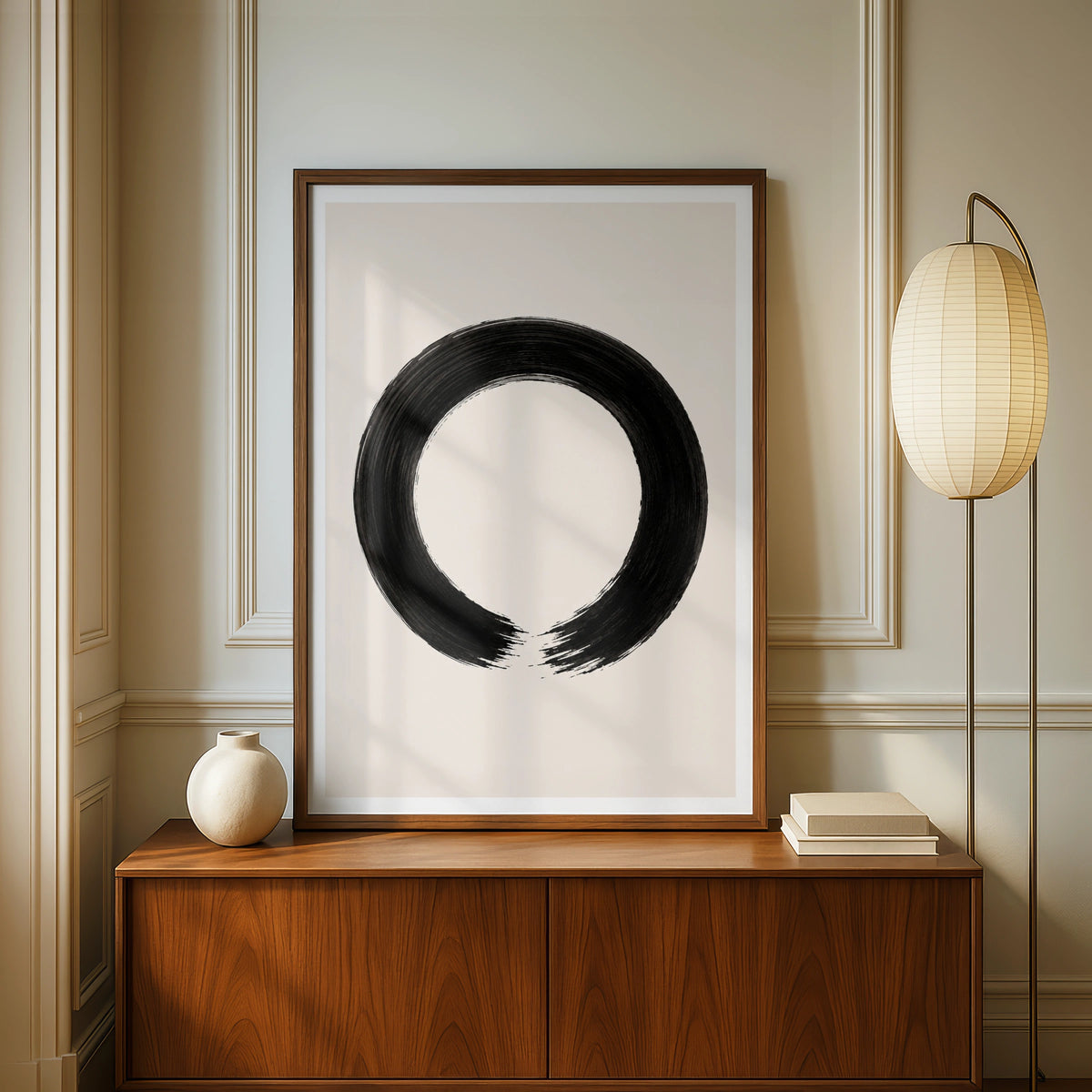 Enso Circle Poster, Zen Brush Stroke Wall Art, Black Cream Minimalist Print