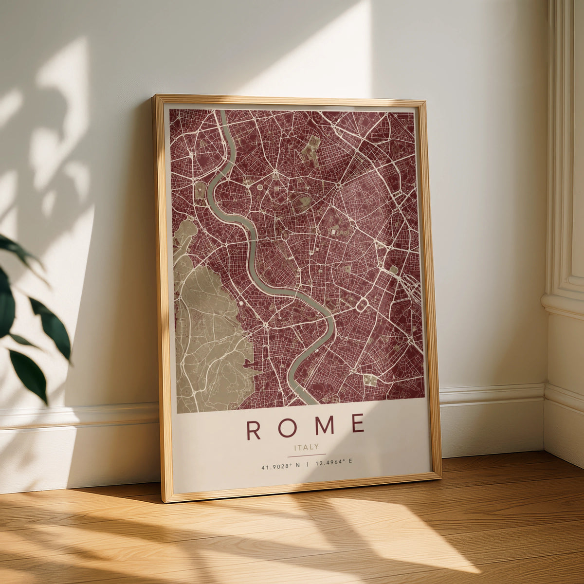 Rome Italy Map Poster, City Street Map Print, Deep Red Minimalist Wall Art