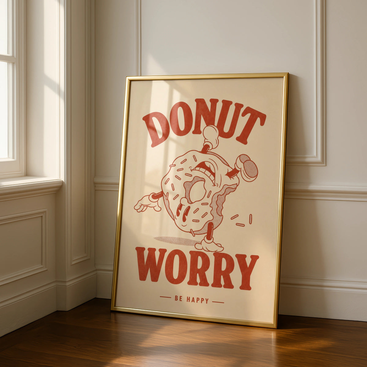 Donut Worry Be Happy Poster, Retro Food Wall Art, Funny Kitchen Print, Red Cream