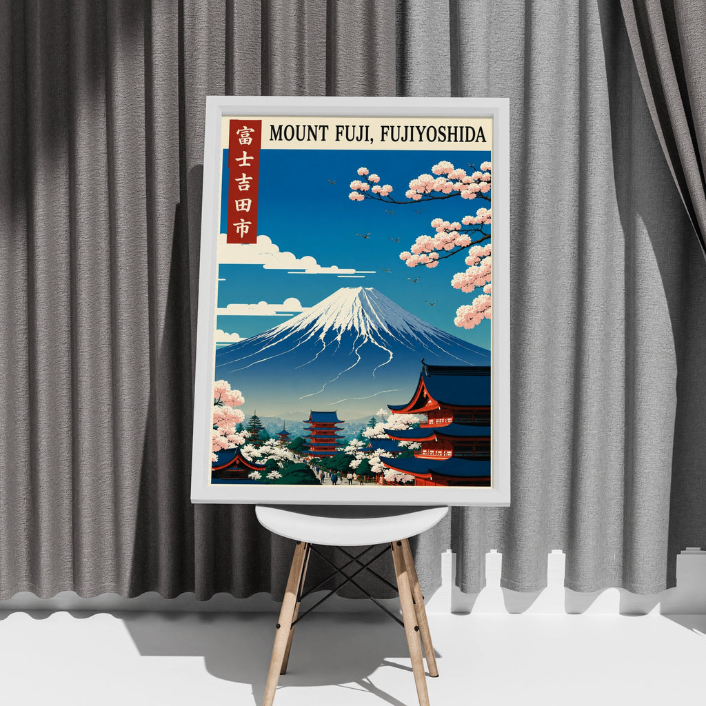 Mount Fuji Poster, Fujiyoshida Japan Travel Print, Cherry Blossom Wall Art