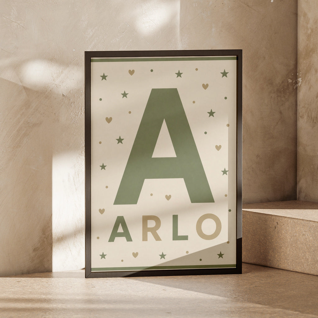 Personalized Name Print, Boys Nursery Wall Art, Initial Letter  Poster, Sage Green Kids Decor