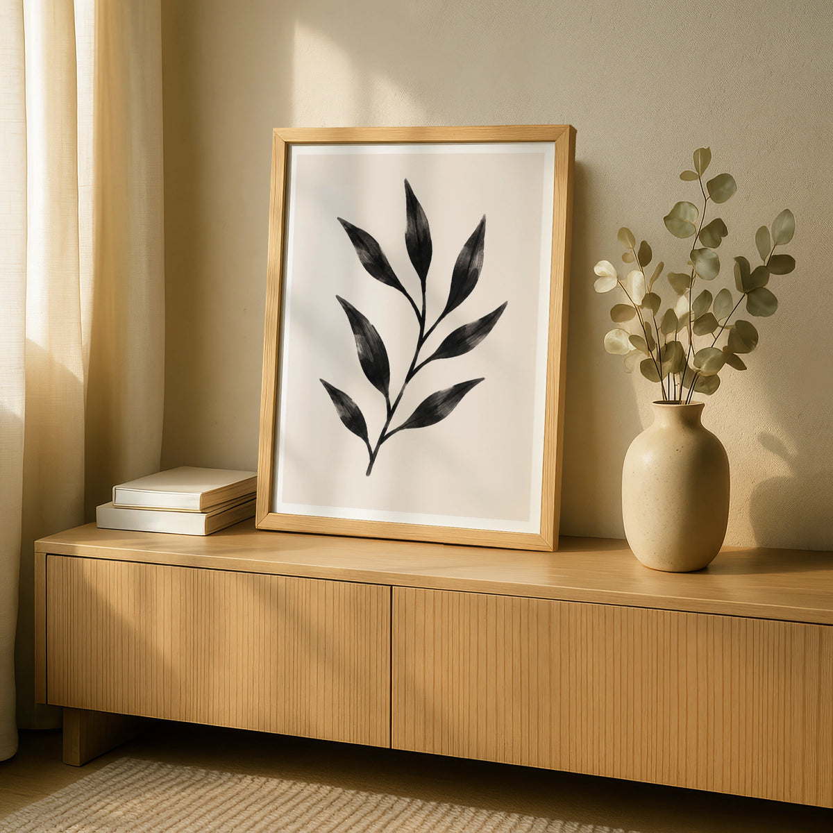 Abstract Leaf Botanical Poster, Black Minimalist Plant Wall Art, Scandi Nature Print