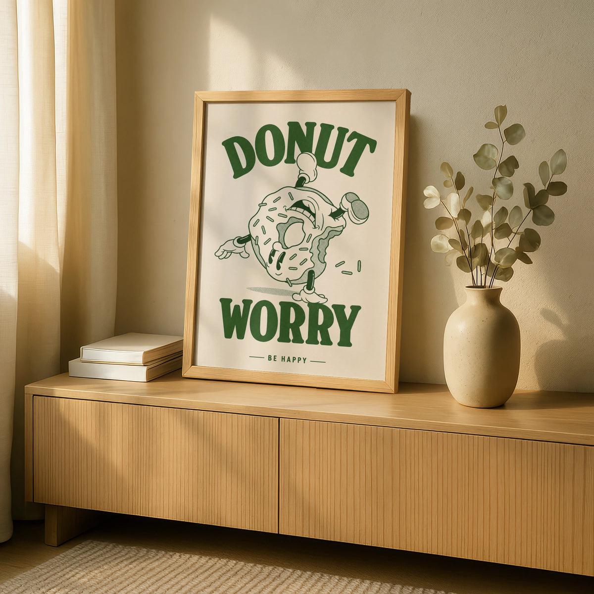 Donut Worry Be Happy Poster, Retro Green Cartoon Wall Art, Funny Kitchen Print