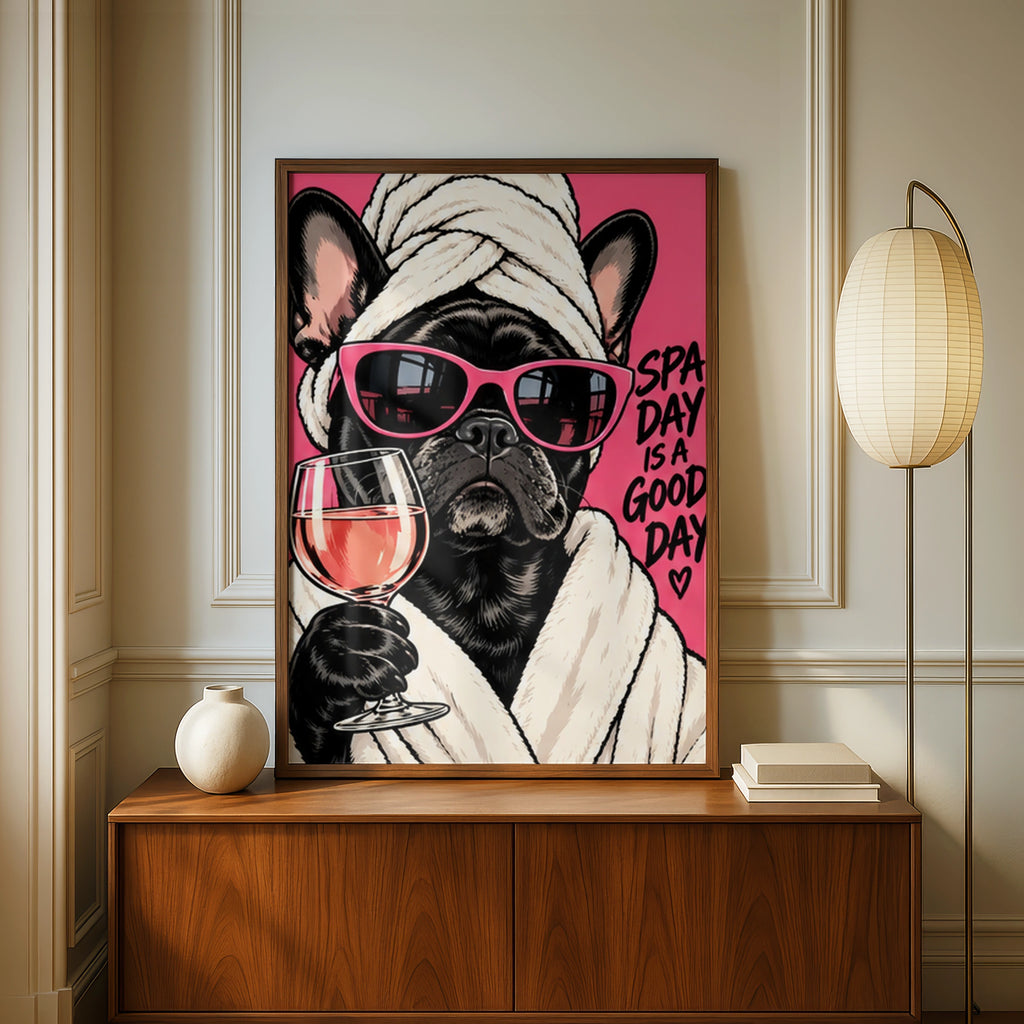 Spa Day Is A Good Day French Bulldog Poster, Funny Dog Wall Art, Pink Bathroom Print