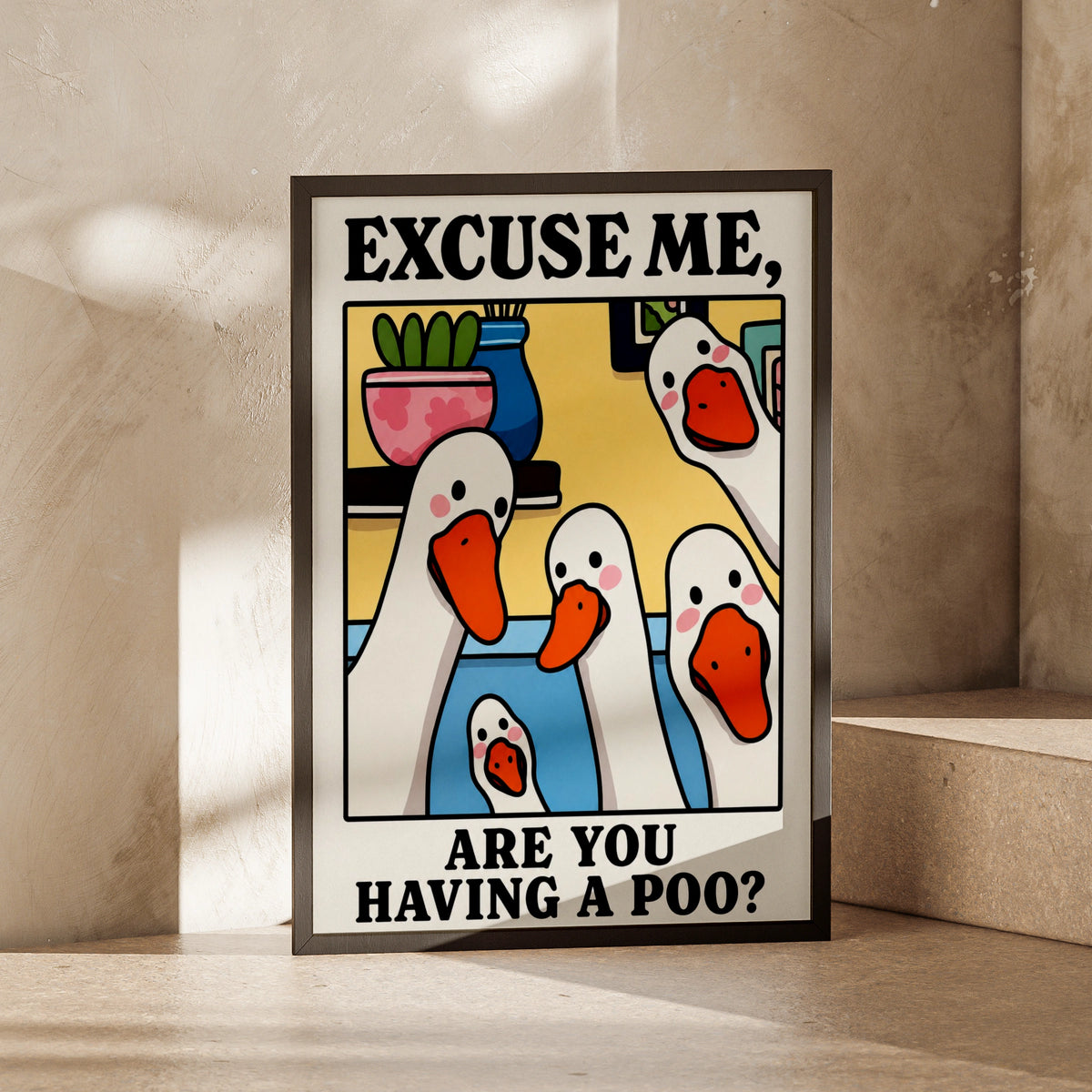 Funny Duck Bathroom Poster, Excuse Me Are You Having A Poo, Toilet Wall Art Print