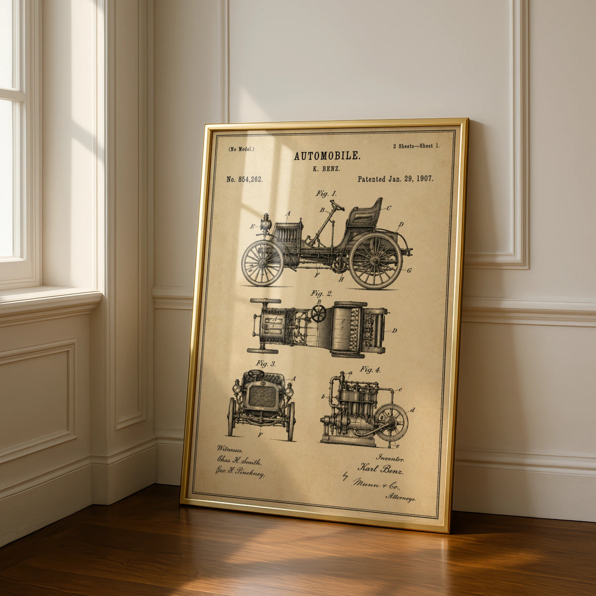 Karl Benz Automobile Patent Print, Vintage Car Poster, 1907 Blueprint Wall Art