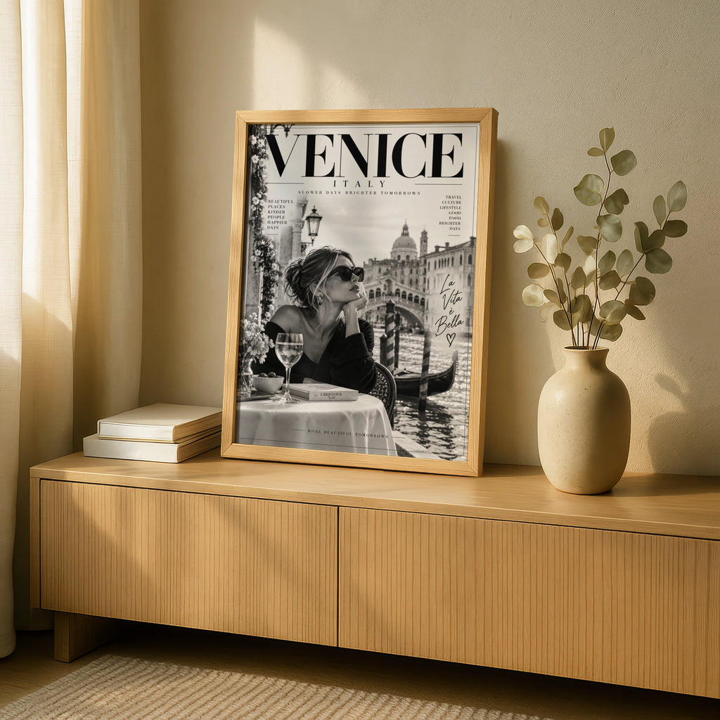 Venice Italy Magazine Cover Poster, La Vita e Bella, Black White Travel Wall Art Print