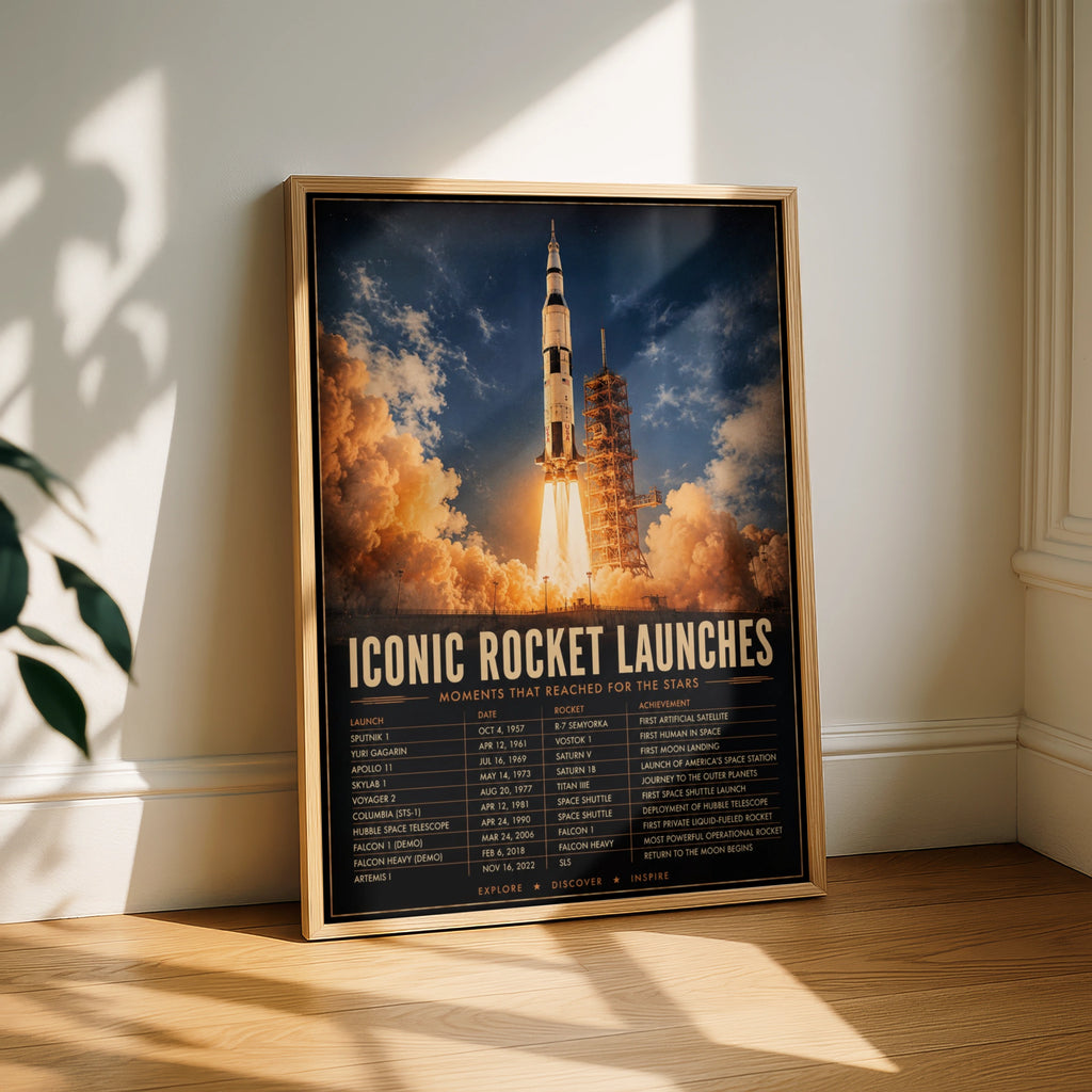 Iconic Rocket Launches Space History Poster, NASA Apollo Saturn V Wall Art Print
