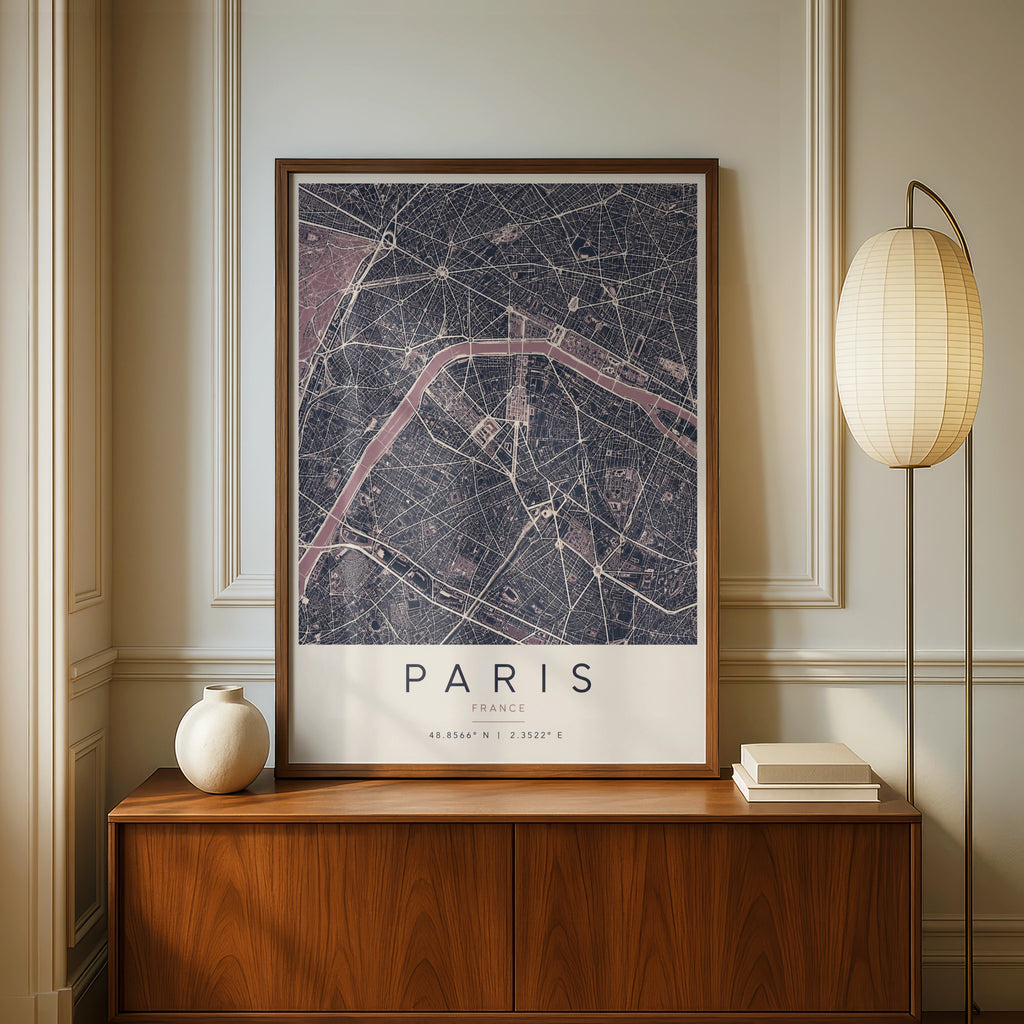 Paris Map Poster, France City Street Map Print, Dark Moody Wall Art, Seine River