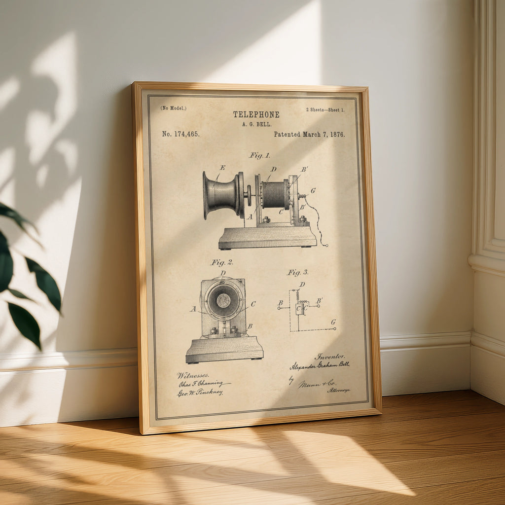 Alexander Graham Bell Telephone Patent Print, Vintage 1876 Invention Poster Wall Art