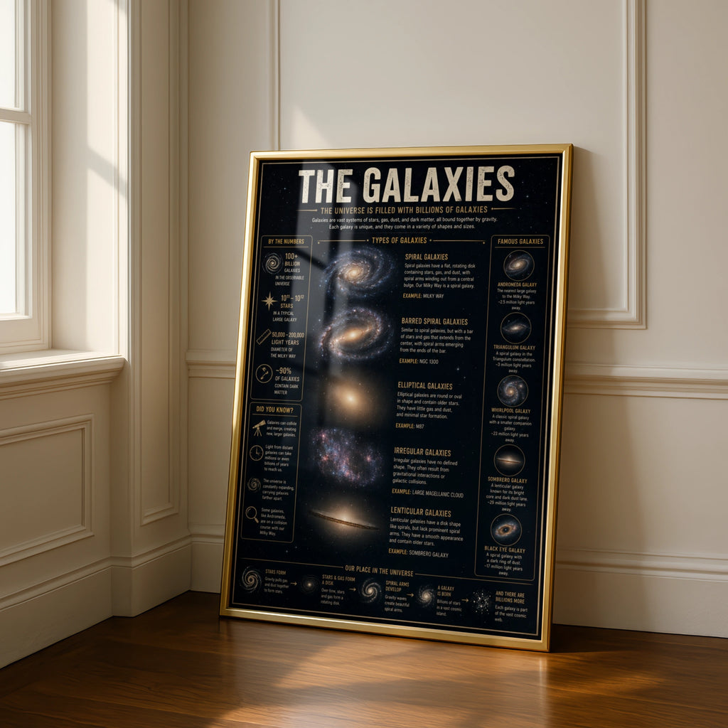 Galaxy Types Infographic Poster, Space Science Wall Art, Astronomy Print for Home